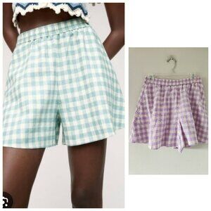ZARA | Purple Lilac Gingham Checked Linen Blend High Waisted Bermuda Shorts Sz S